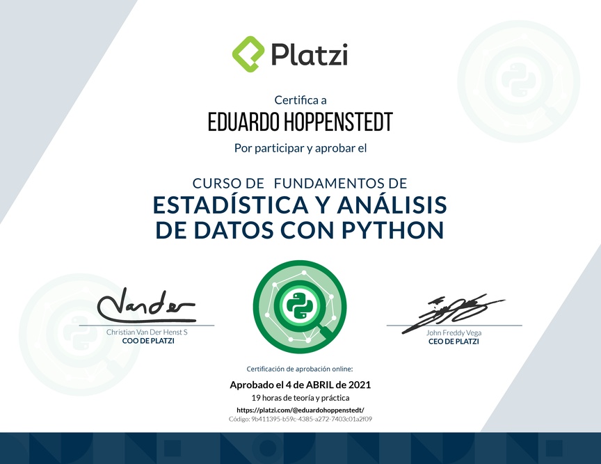 Diploma del Curso de Fundamentos de Estadística y Análisis de Datos con Python