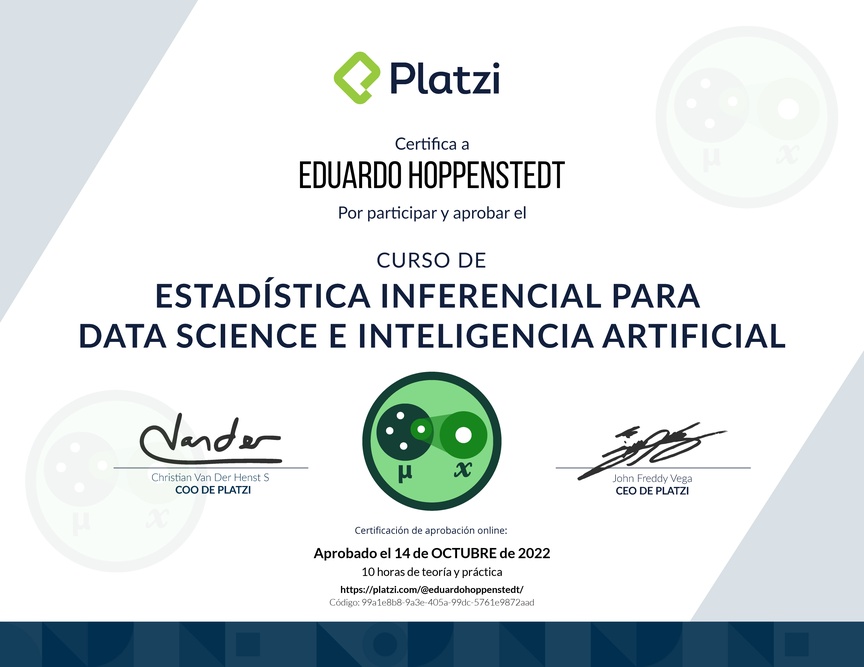 Diploma del Curso de Estadística Inferencial para Data Science e Inteligencia Artificial