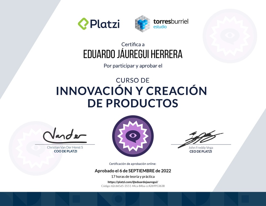 Diploma del Curso de Innovación y Creación de Productos