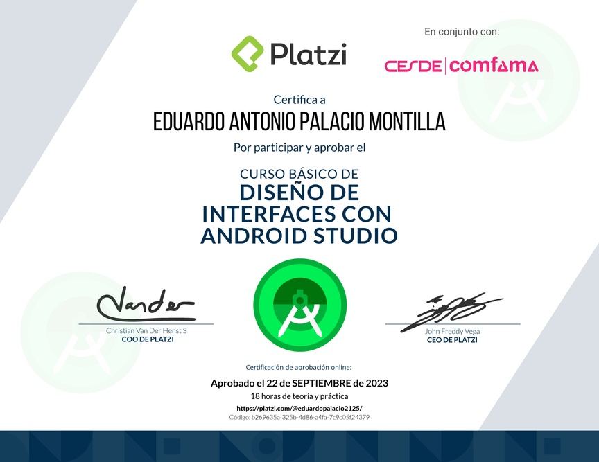 Diploma del Curso Básico de Diseño de Interfaces con Android Studio