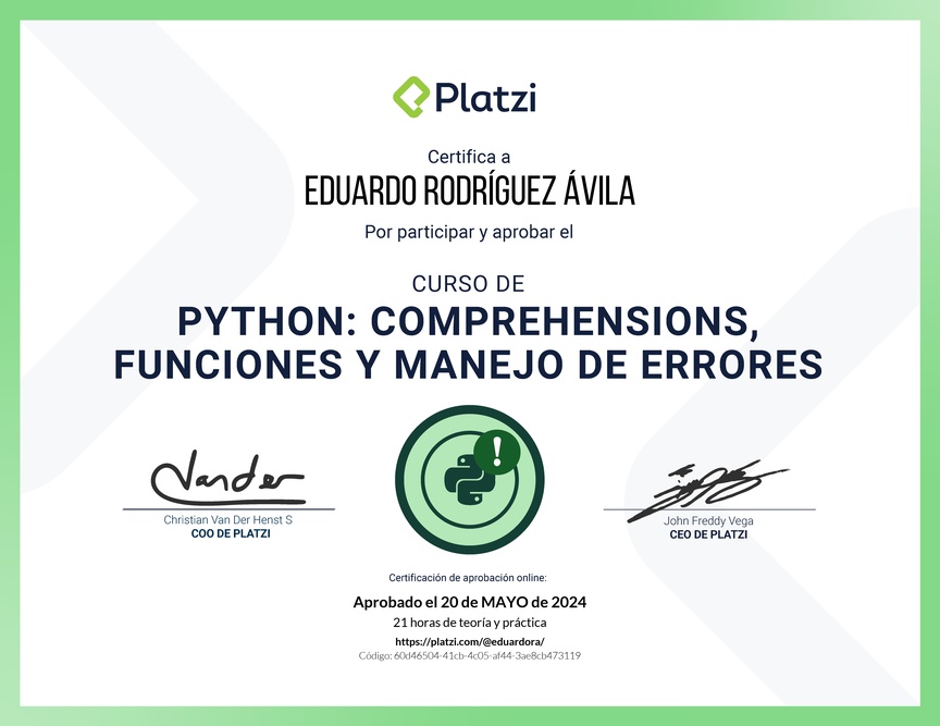 Diploma del Curso de Python: Comprehensions, Funciones y Manejo de Errores