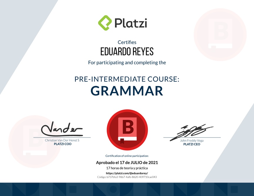 Diploma del Curso de Inglés Práctico: Gramática 2019