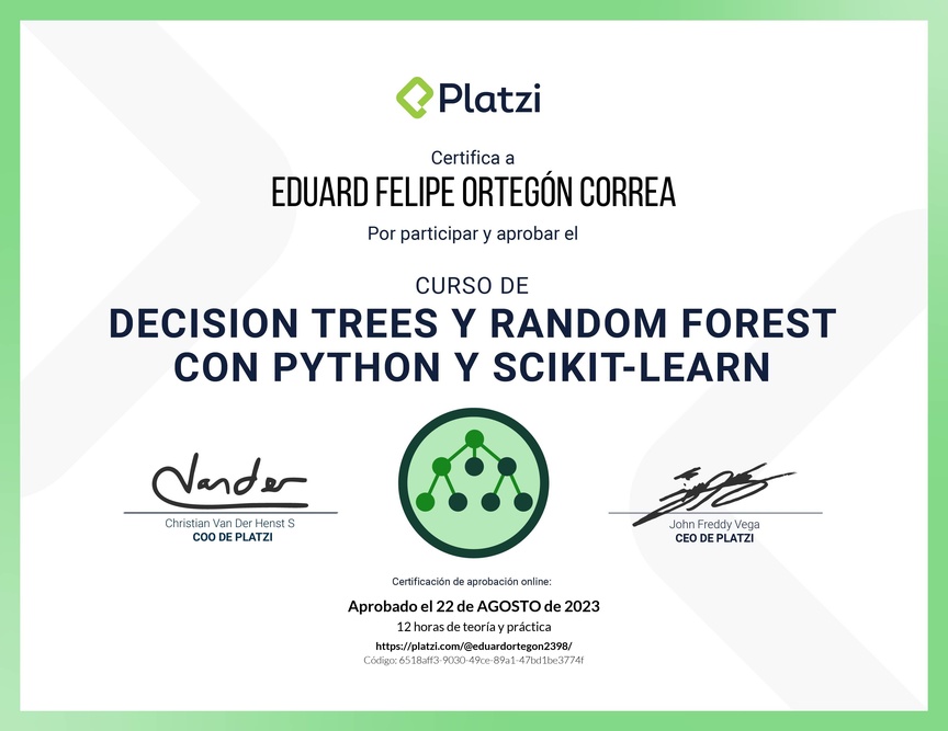Diploma del Curso de Decision Trees y Random Forest con Python y scikit-learn