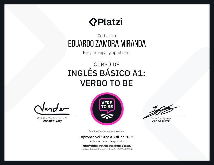 Diploma del Curso de Inglés Básico A1: Verbo To Be