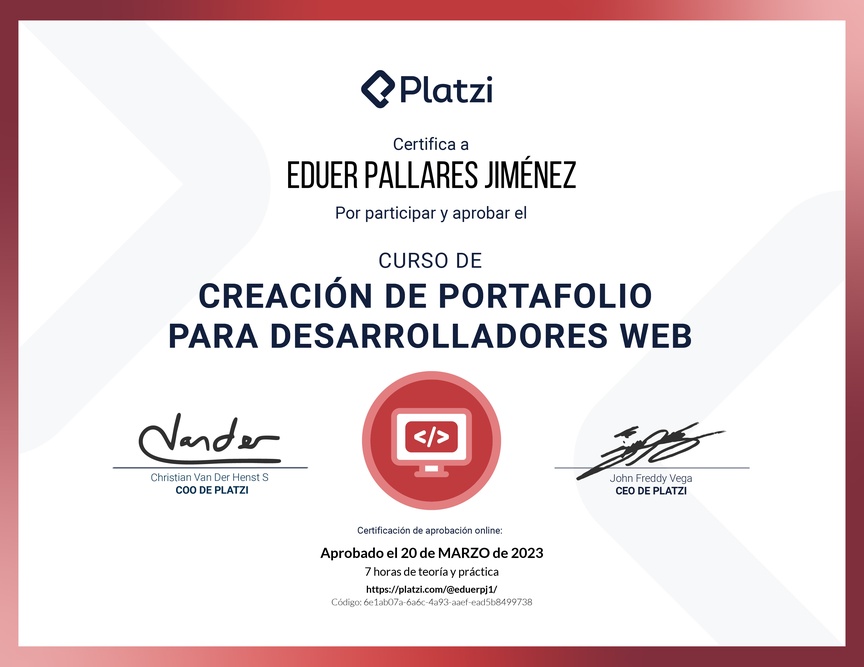 Diploma del Curso de Creación de Portafolio para Desarrolladores Web