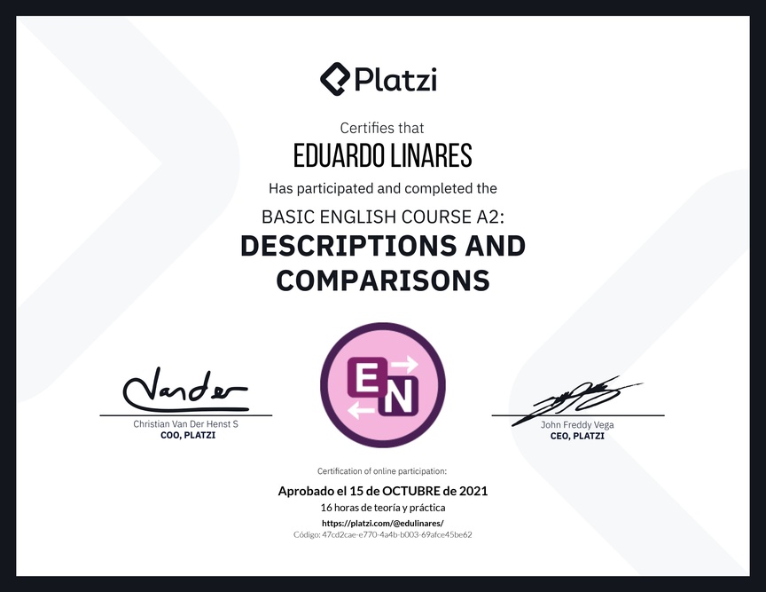 Diploma del Curso de Inglés Básico A2: Descripciones y Comparaciones
