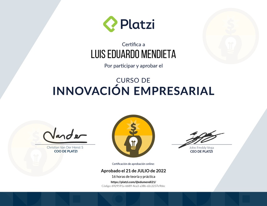 Diploma del Curso de Innovación Empresarial