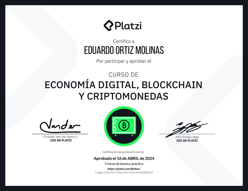 Diploma del Curso de Economía Digital: Bitcoin y criptomonedas
