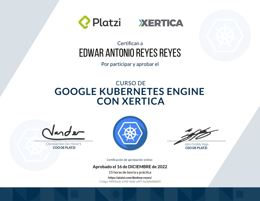 Diploma del Curso de Google Kubernetes Engine (2018)