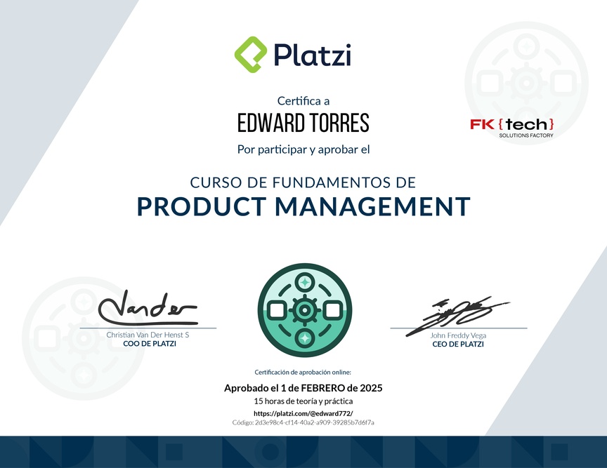 Diploma de Audiocurso de Fundamentos para Product Managers