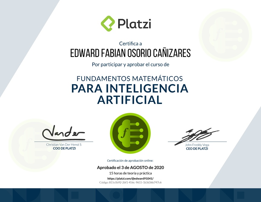 Diploma del Curso de Fundamentos Matemáticos para Inteligencia Artificial 2019