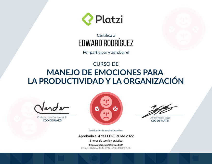 Diploma del Curso de Manejo de Emociones para la Productividad y la Organización