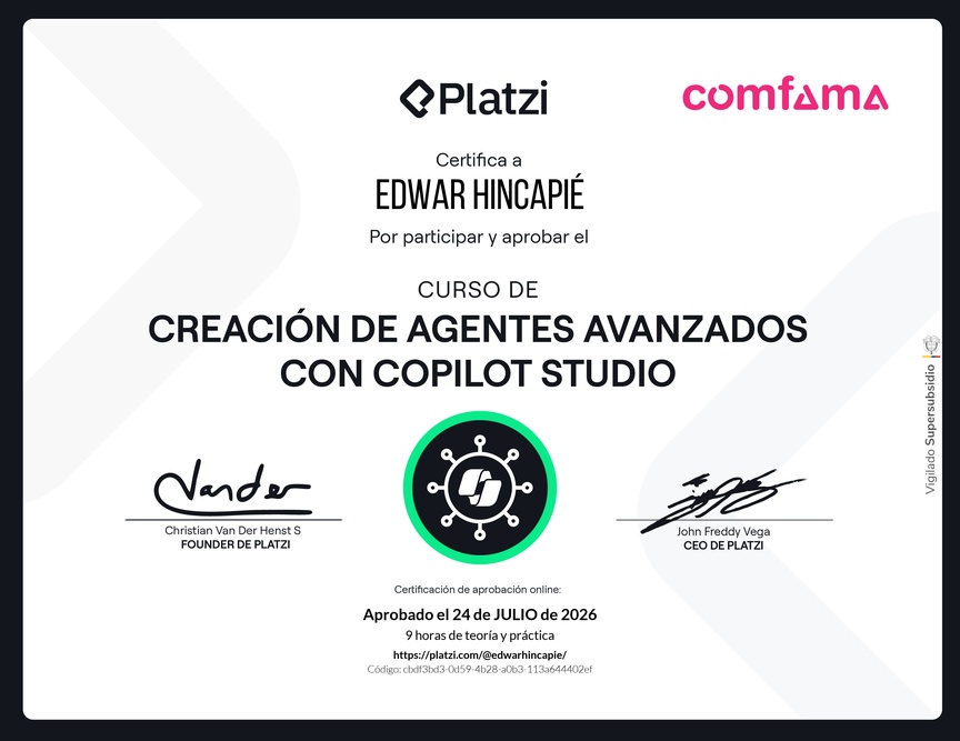 Diploma del Curso de Creación de Agentes Avanzados con Microsoft Copilot Studio