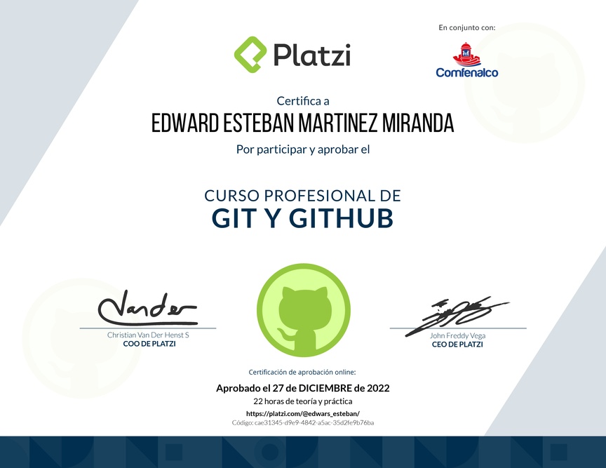 Diploma del Curso Profesional de Git y GitHub
