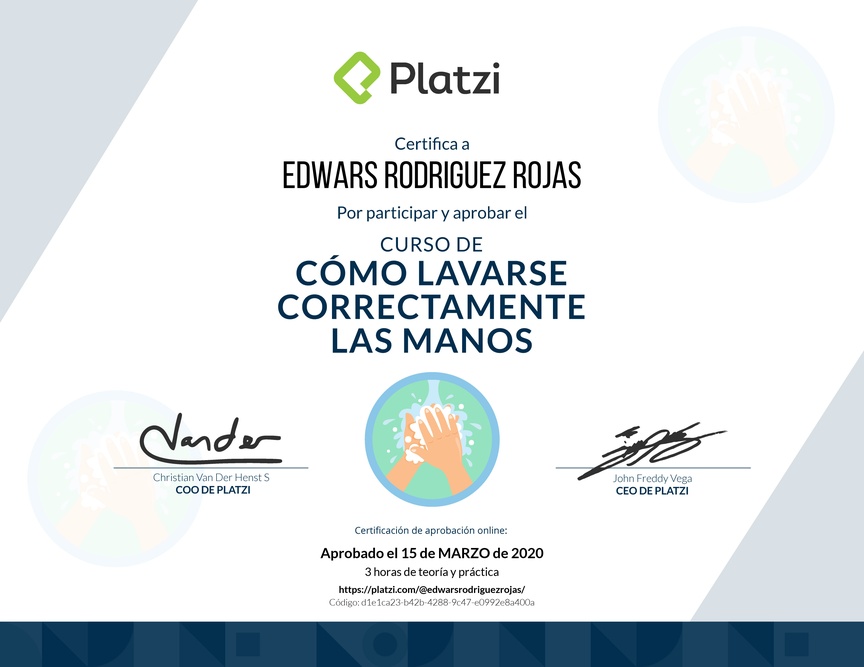 Diploma del Curso para Lavarse las Manos Correctamente