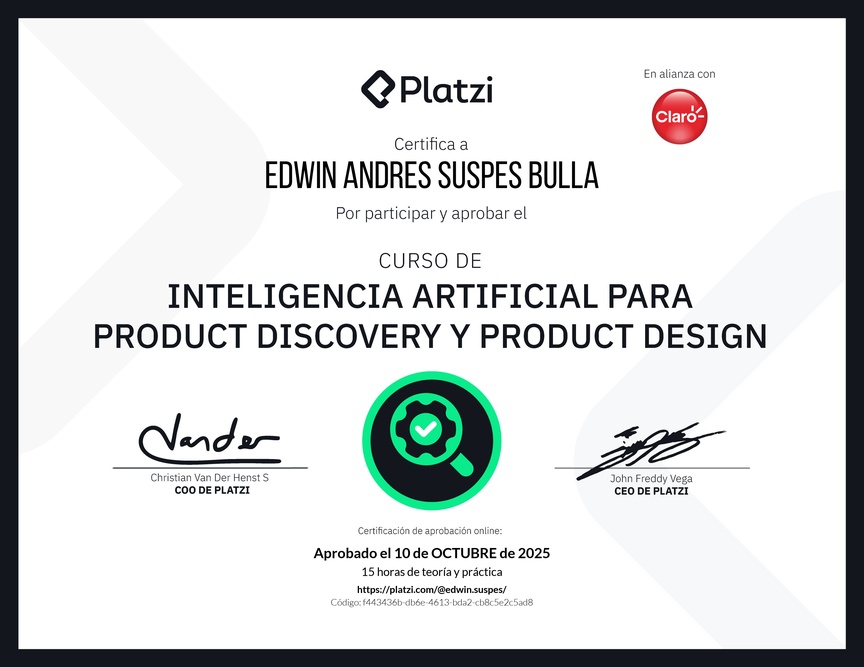 Diploma del Curso de Inteligencia Artificial para Product Discovery y Product Design: Herramientas y Técnicas