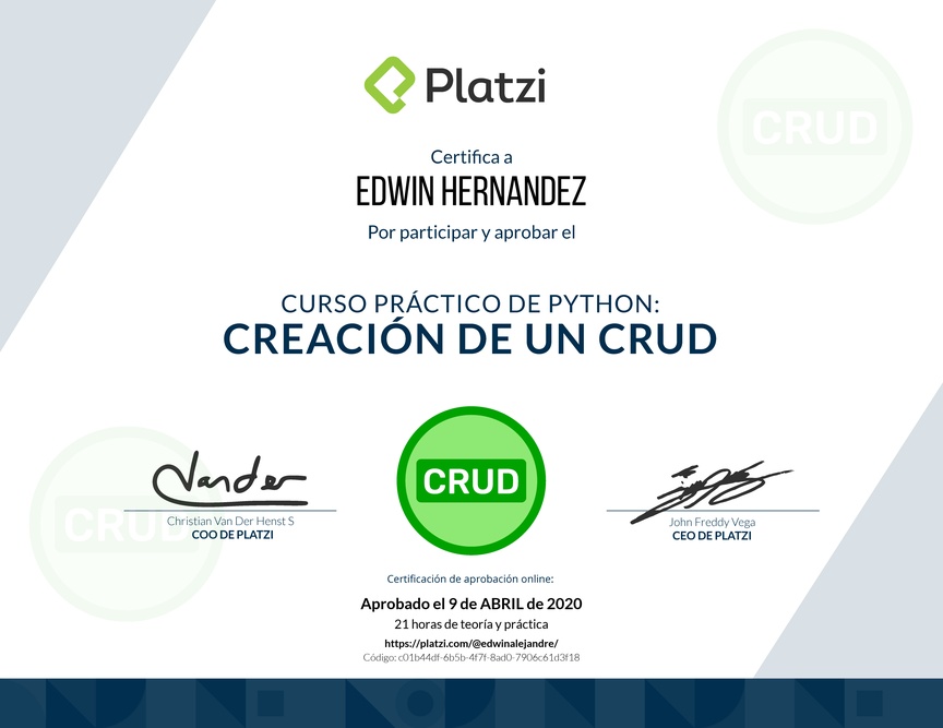 Diploma del Curso Práctico de Python: Creación de un CRUD