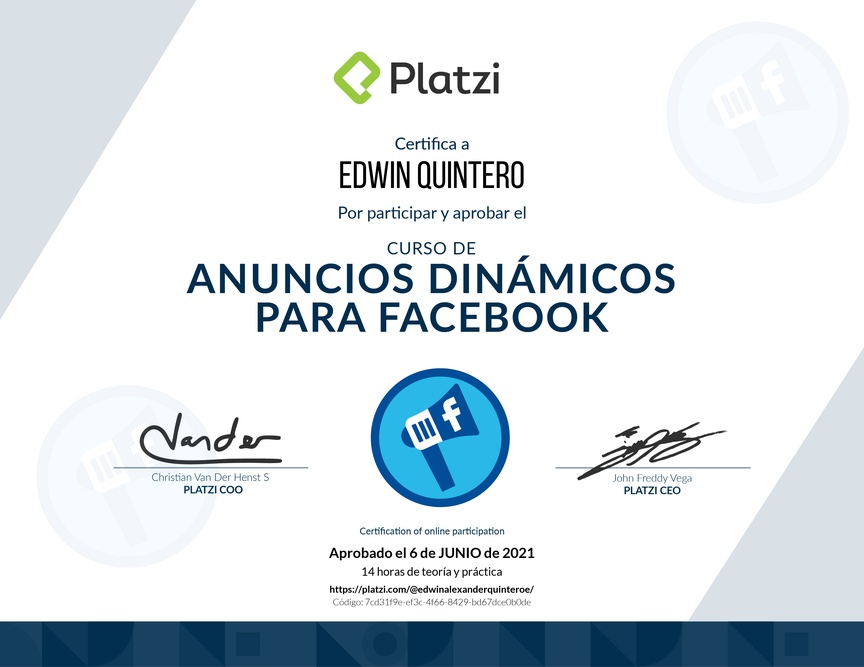 Diploma del Curso de Anuncios Dinámicos para Facebook