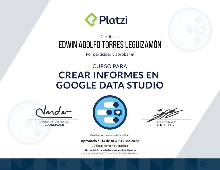 Diploma del Curso para Crear Informes de Redes Sociales con Google Data Studio