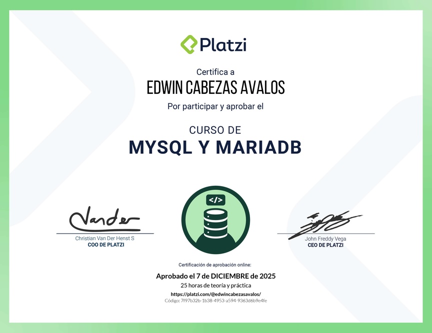 Diploma del Curso de Bases de Datos con MySQL y MariaDB