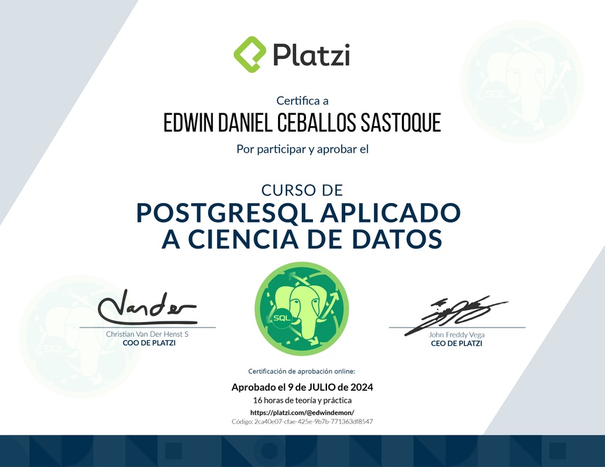 Diploma del Curso de PostgreSQL Aplicado a Ciencia de Datos