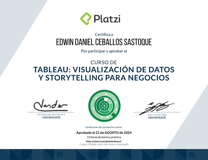 Diploma del Curso de Tableau: Visualización de Datos y Storytelling para Negocios