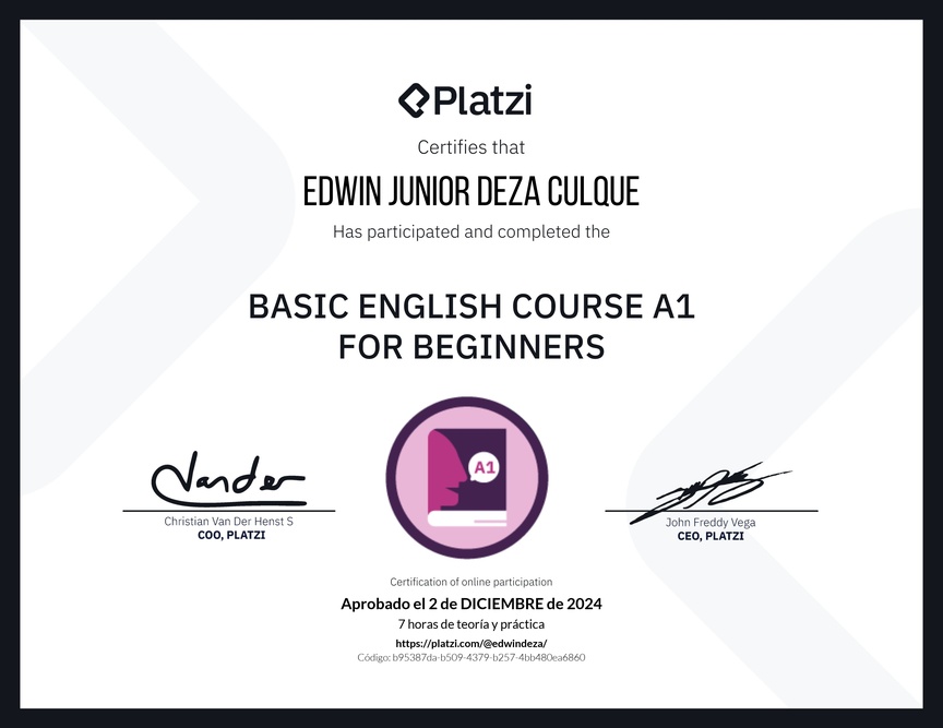 Diploma del Curso de Inglés Básico A1 para Principiantes