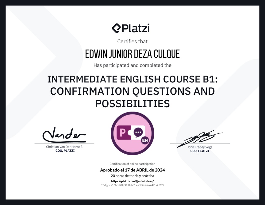 Diploma del Curso de Inglés Intermedio B1: Preguntas de Confirmación y Posibilidades