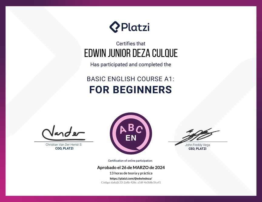 Diploma del Curso de Inglés Básico para Principiantes - (2022)