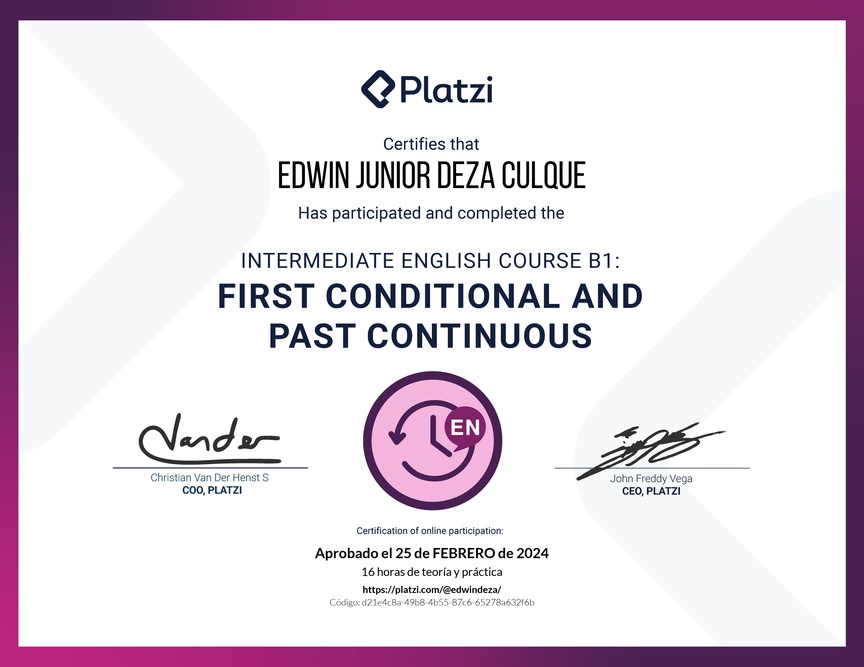 Diploma del Curso de Inglés Intermedio B1: Primer Condicional y Pasado Continuo