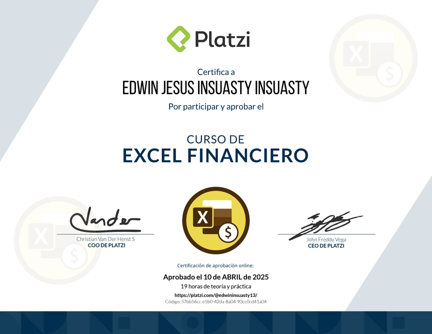 Diploma del Curso de Análisis Financiero en Excel