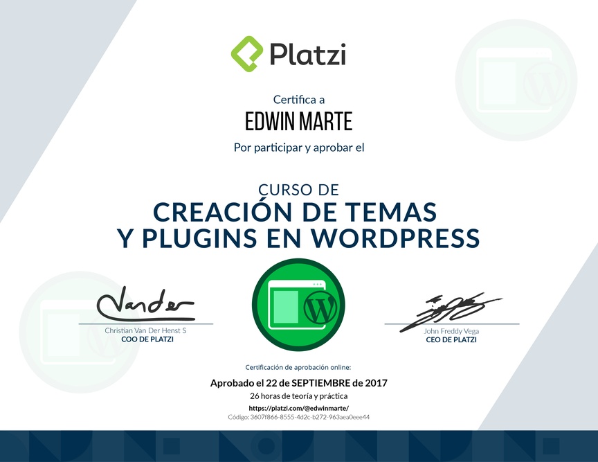 Diploma del Curso de Creación de Temas y Plugins en WordPress