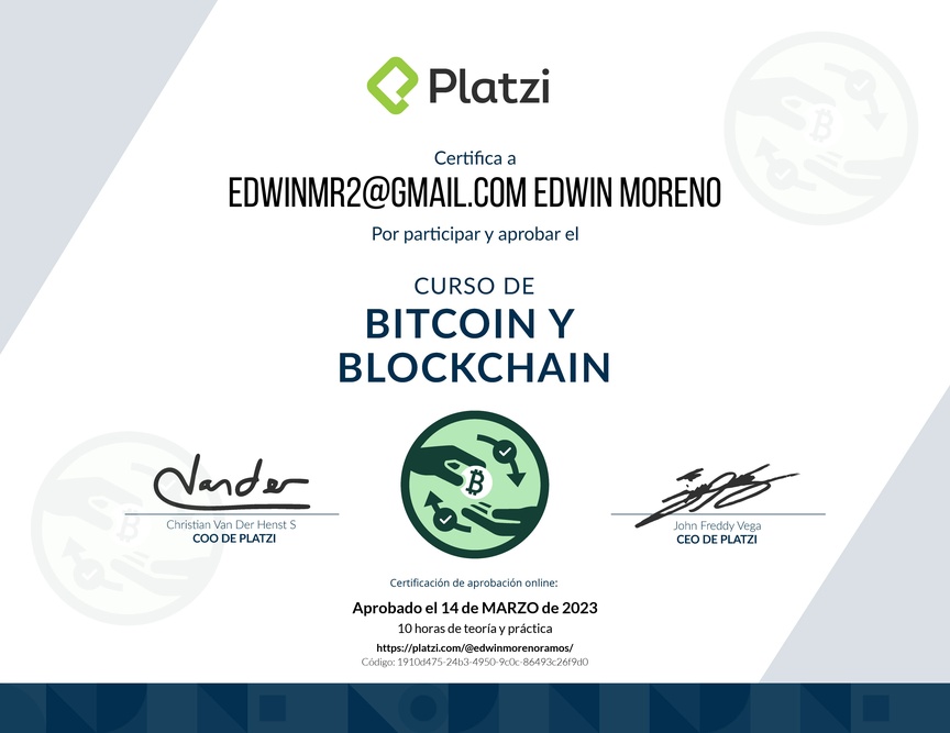 Diploma del Curso de Bitcoin y Blockchain