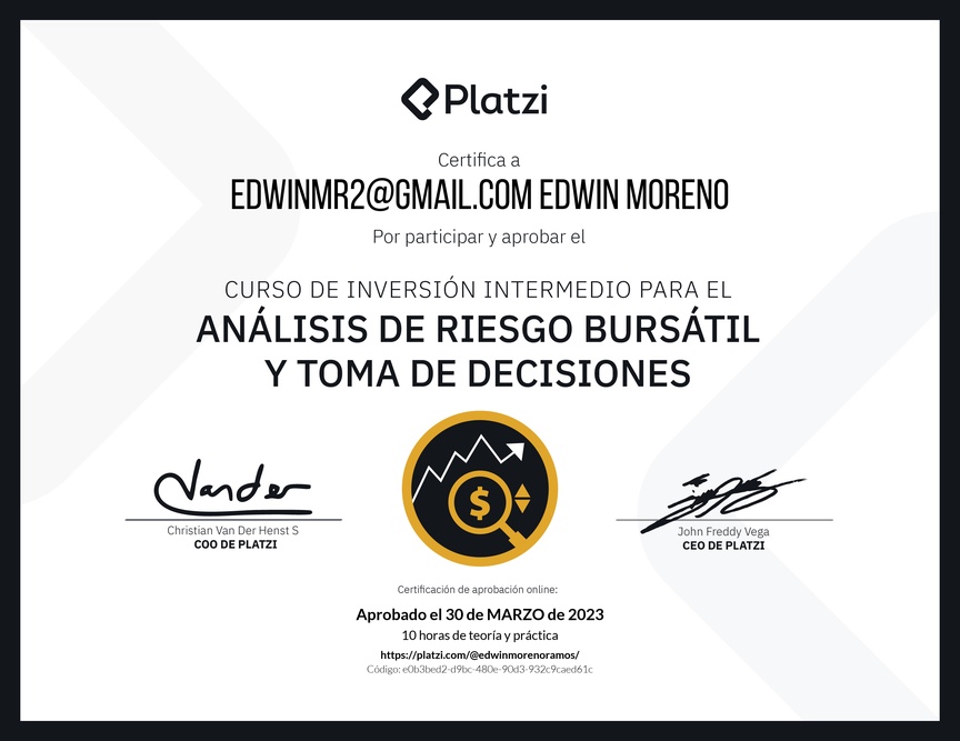 Diploma del Curso de Inversión Intermedio para el Análisis de Riesgo Bursátil y Toma de Decisiones
