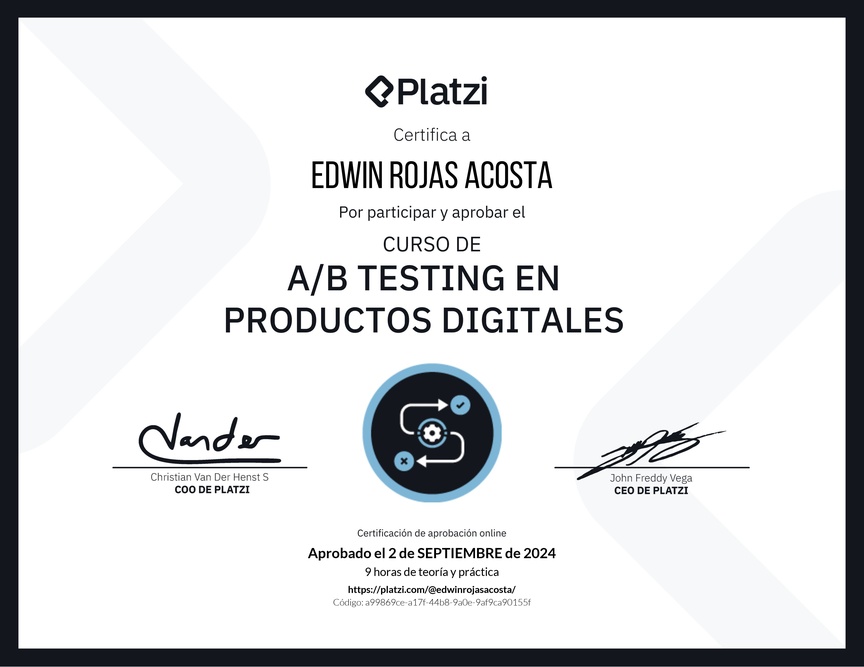 Diploma del Curso de A/B Testing en Productos Digitales