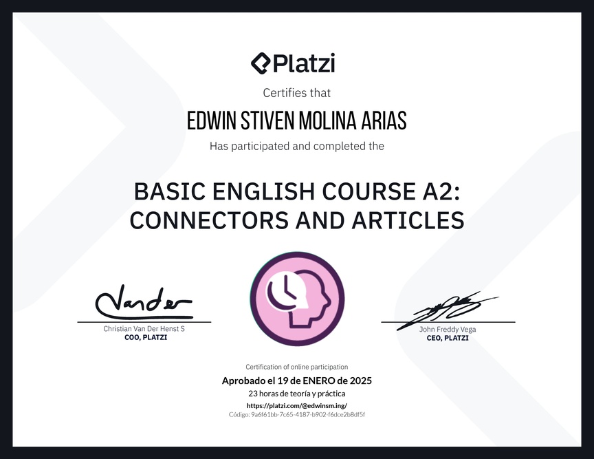 Diploma del Curso de Inglés Básico A2: Conectores y Artículos