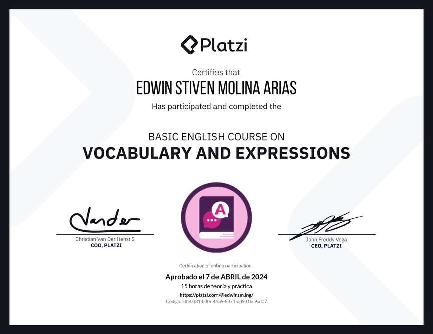 Diploma del Curso Básico de Vocabulario y Expresiones en Inglés