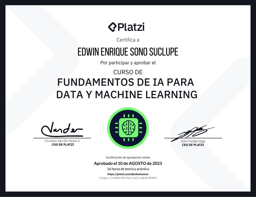 Diploma del Curso de Fundamentos de AI para Data y Machine Learning