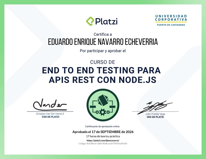 Diploma del Curso de End to End Testing para APIs REST con Node.js