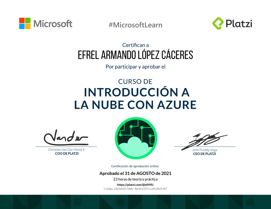 Diploma del Curso de Introducción a la Nube con Azure
