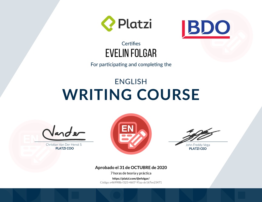 Diploma del Curso de Escritura en Inglés 2018