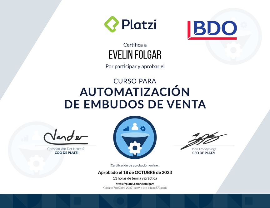 Diploma del Curso de Automatización de Embudos de Venta (2022)