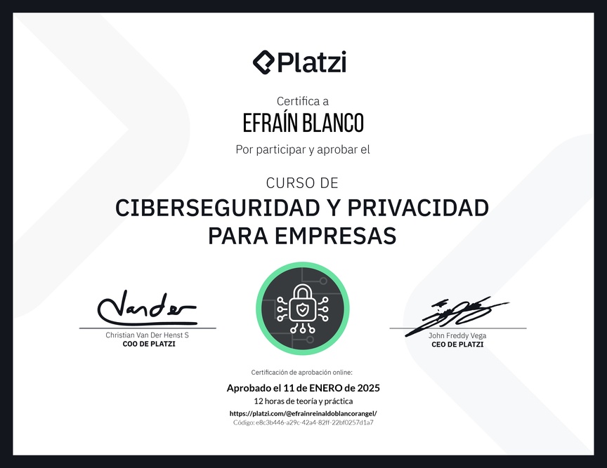Diploma del Curso de Ciberseguridad y Privacidad para Empresas