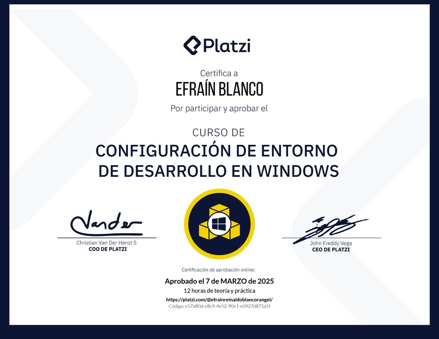 Diploma del Curso de Configuración de Entorno de Desarrollo en Windows