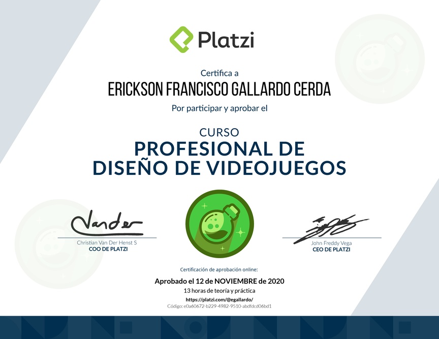 Diploma del Curso Profesional de Diseño de Videojuegos