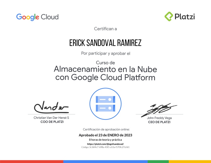 Diploma del Curso de Almacenamiento en la Nube con Google Cloud Platform