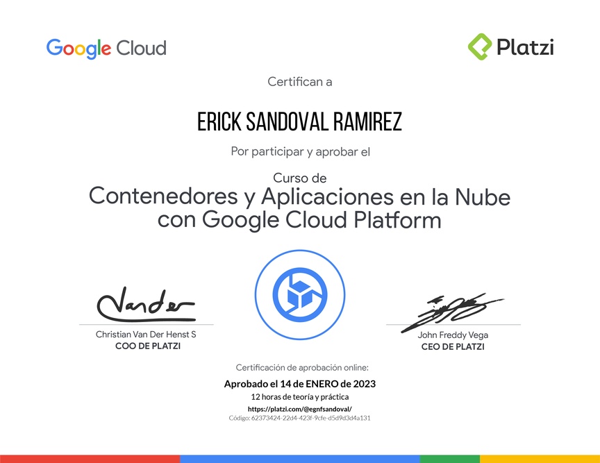 Diploma del Curso de Contenedores y Aplicaciones en la Nube con Google Cloud Platform