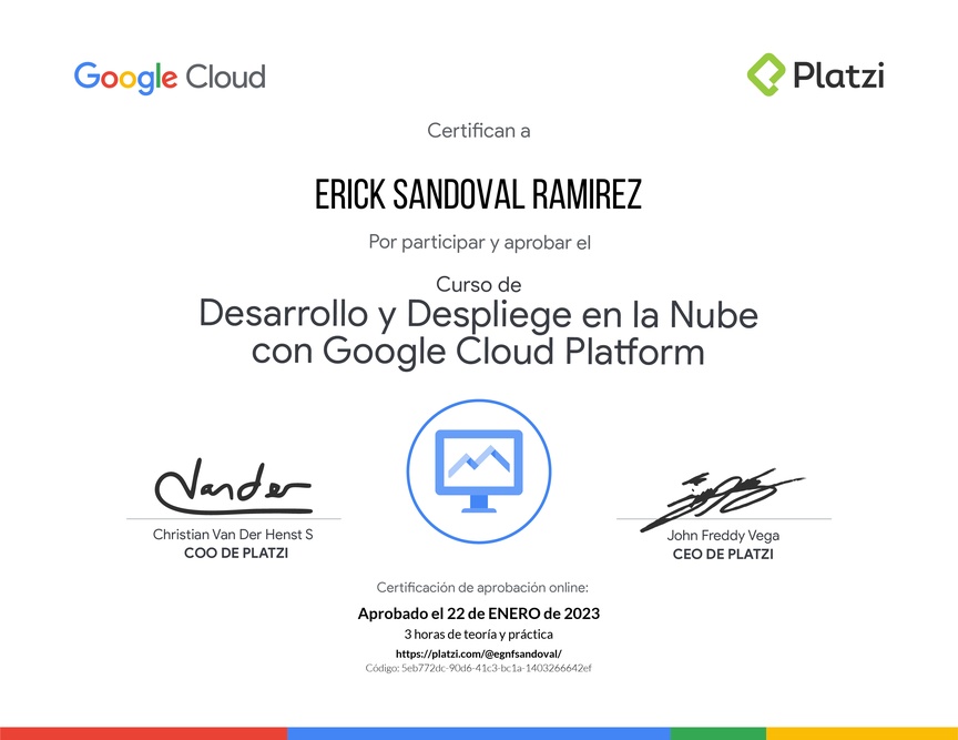 Diploma del Curso de Desarrollo y Despliegue en la Nube con Google Cloud Platform