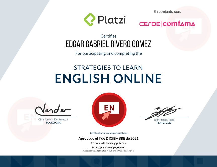 Diploma del Curso de Estrategias para Aprender Inglés Online 2020