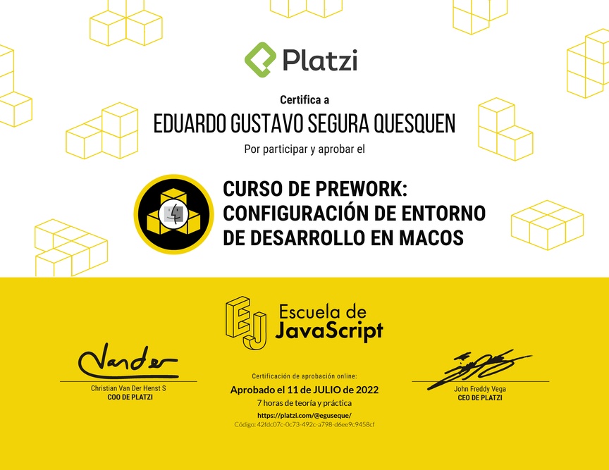 Diploma del Curso de Prework: Buenas Prácticas y Entorno de Desarrollo en macOS 2019